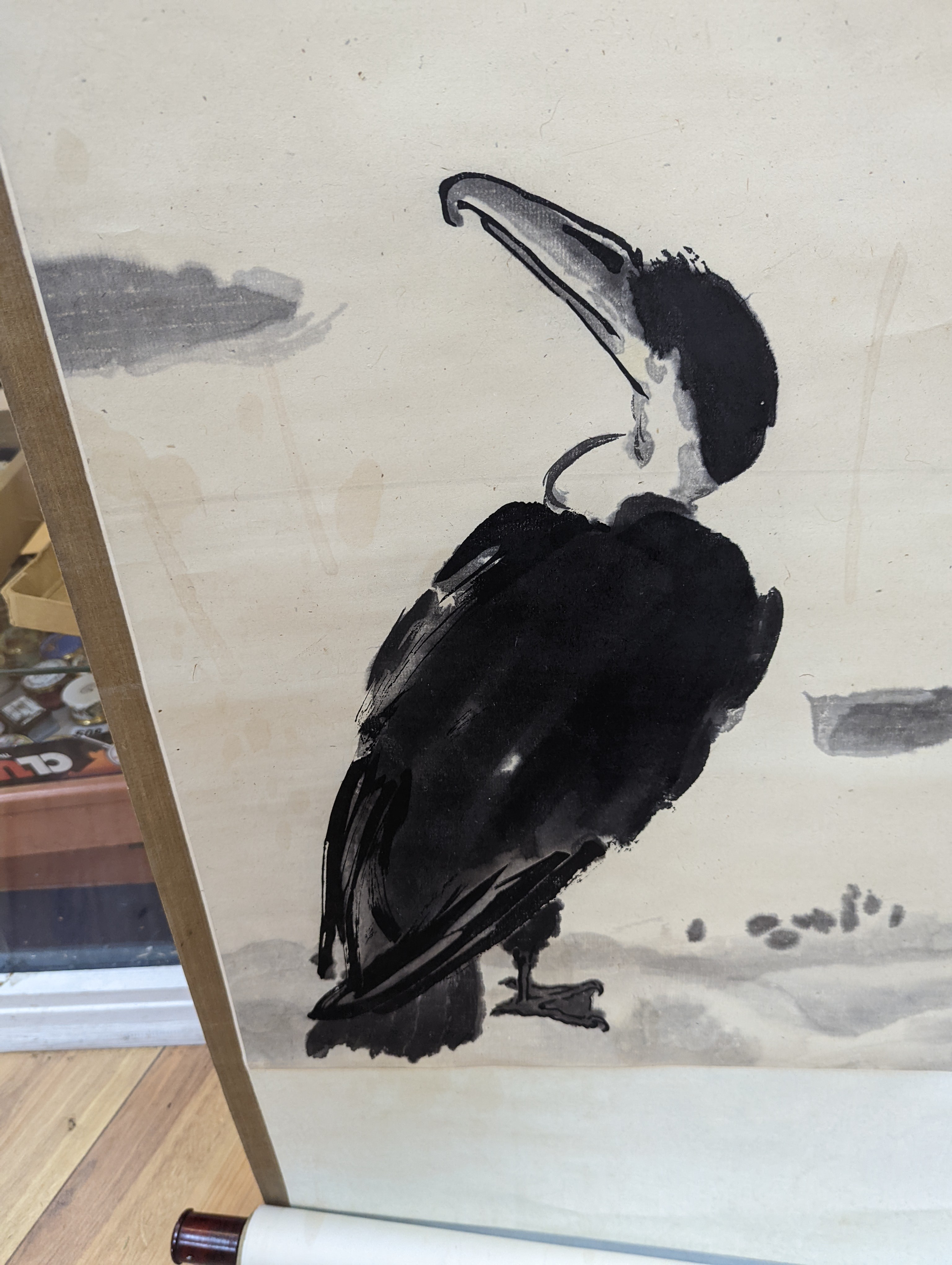 Two mid 20th century Japanese watercolour on paper scroll paintings, Boatman in a landscape, 79.5 x 113cm, and Cormorants on a bank, 103 x 106cm